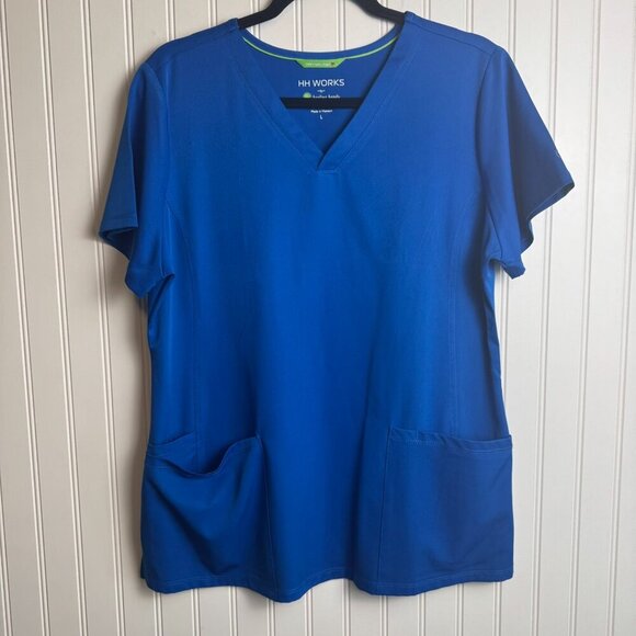 H H Works By Healing Hands Blue Short Sleeve V-Neck Scrub Top Women's Large A10 - Picture 1 of 6